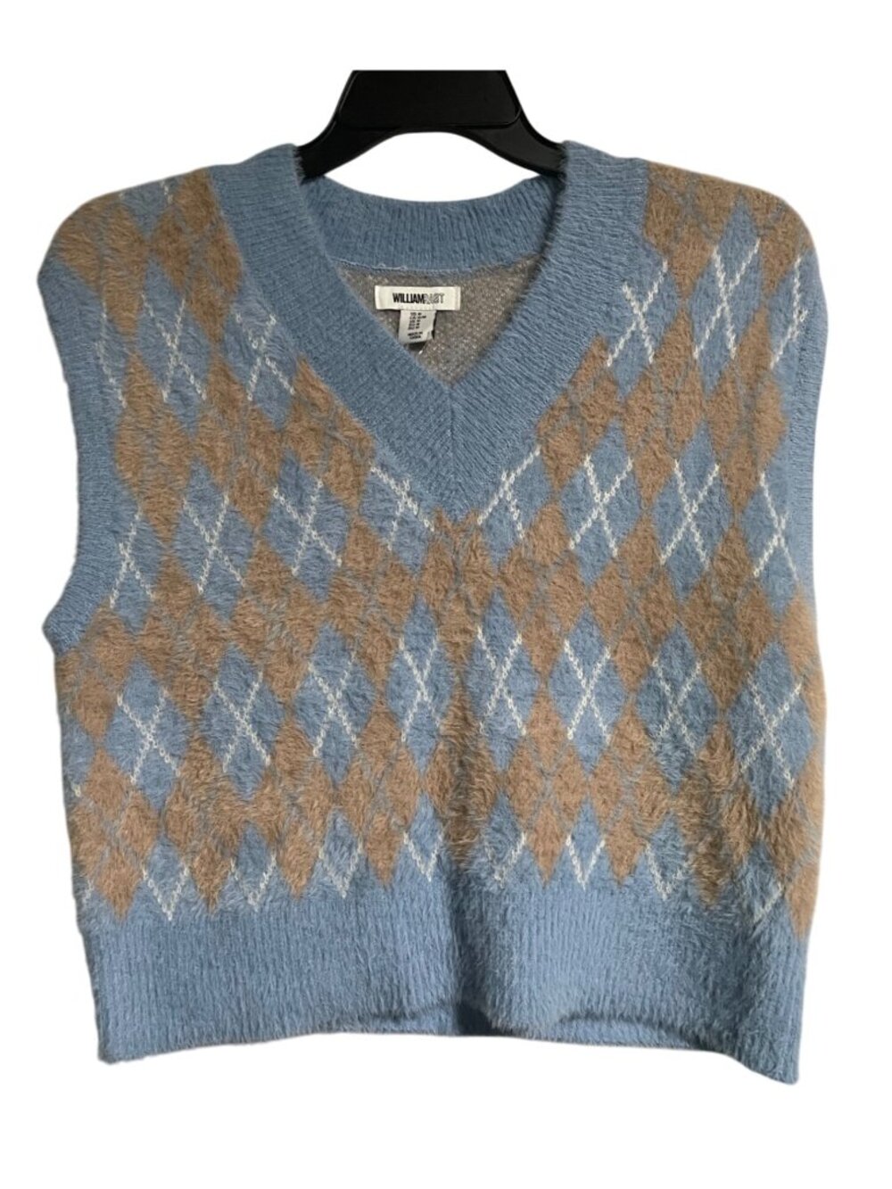 William Rast Argyle Sweater Vest Womens L Fuzzy Knit Cropped Blue Tan Academic